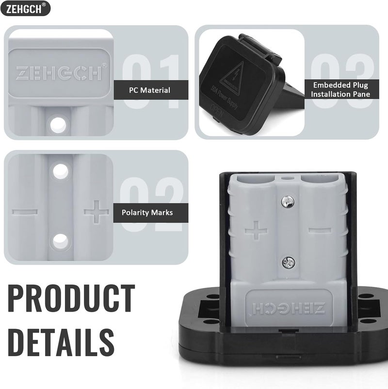 ZEHGCH 2PCS 12-36V Battery Quick Connect/Disconnect Electrical Connector Plug Kit with Flush Mount Dust Cover (Grey,50A 6AWG) - Image 3